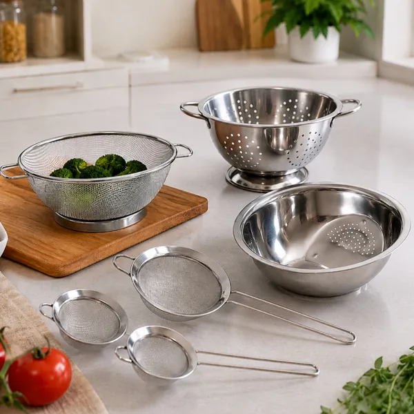 KIT 6 PEçAS ESCORREDOR DE ARROZ + ESCORREDOR DE MACARRãO + ESCORREDOR TELADO + 3 PENEIRAS INOX