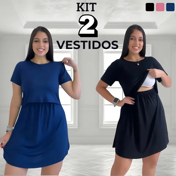 Kit 2 Vestido Amamentação Gestante Pós Parto Maternidade Casual Confortável Amamentar