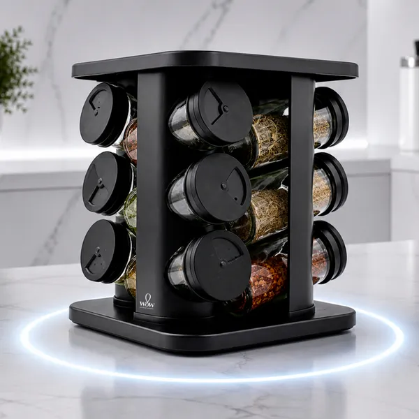 PORTA TEMPERO GIRATóRIO VIDRO 12 POTES 360 PRETO