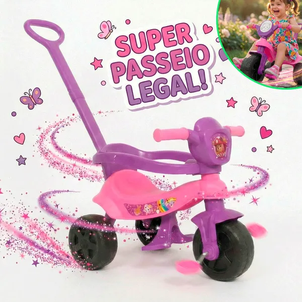 Motoca Infantil Menina 3 Rodas Rosa e Roxa Triciclo com Empurrador Velotrol Proteção Lateral Carrinho de Passeio Kendy