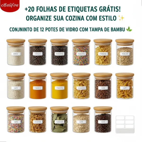 Belifou Kit 6 Pote hermético  200ML Pote De Vidro com Tampa bambu pote de mantimentos para cozinha
