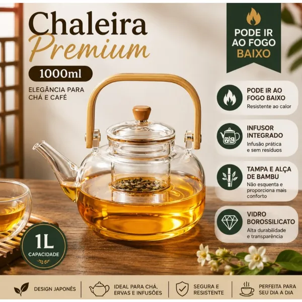 Chaleira de Vidro 1000ml Pode ir ao Fogo Com Alça de Bambu OU com Tampa de Bambu
