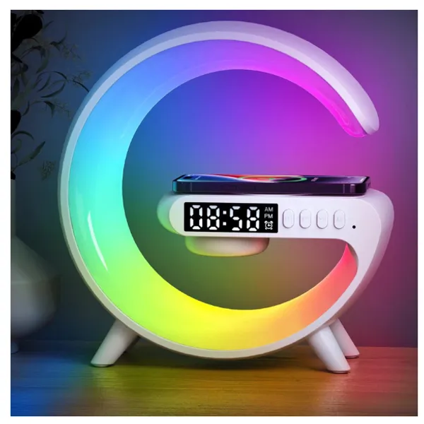 Caxinha de Som G -Speaker COR BRANCA Com Relógio Luminária Bluetooth Inteligente Carregador Sem Fio Led Luz  COM RELÓGIO
