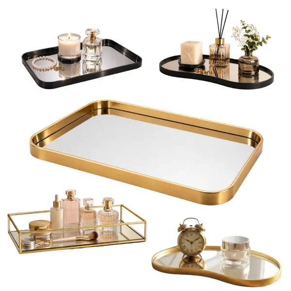 Bandeja Orgânica Decorativa Espelhada Dourada Multiuso Banheiro Lavabo Sala Preta Porta Maquiagem