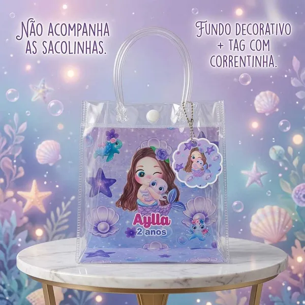 QUALQUER TEMA Fundo Decoração interna para sacolinha transparente PVC Personalizado | Lembrancinha Aniversário | SEREIA