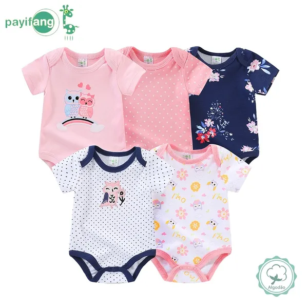 Kit 5 Bodys Bebê Menina 100% Algodão Recém-Nascido Coruja Floral 0-12 Meses Payifang Confortável