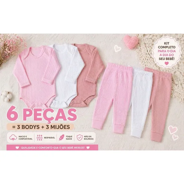 Conjunto Bebê Combo 6 peças Suedine Canelado Calça e Body Enxoval Unissex