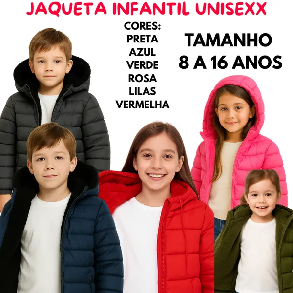 Jaqueta Infantil Juvenil Puffer Forrada Pelúcia COM Capuz BLUSA DE Frio 4 a 18 ANOS UNISEXX VERMELHA PRETA VERDE AZUL