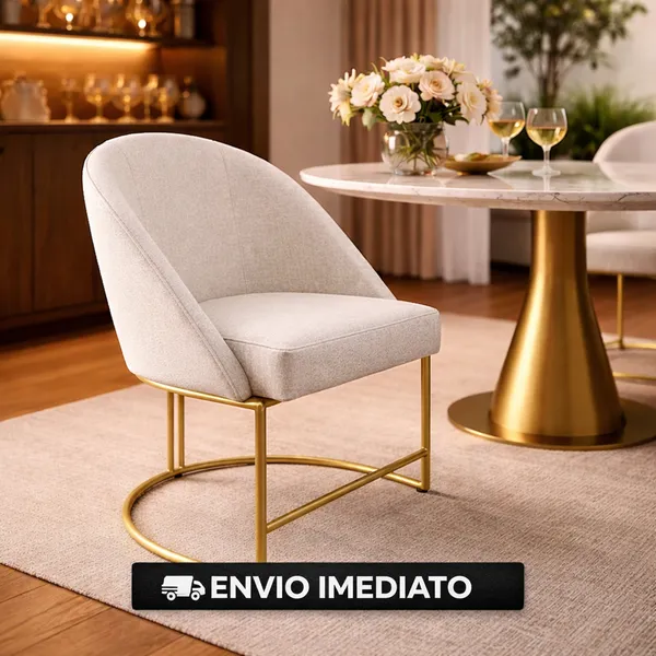 Cadeira Poltrona  Lua Mesa de Jantar VELUDO Bege Base Metálica Industrial Dourado