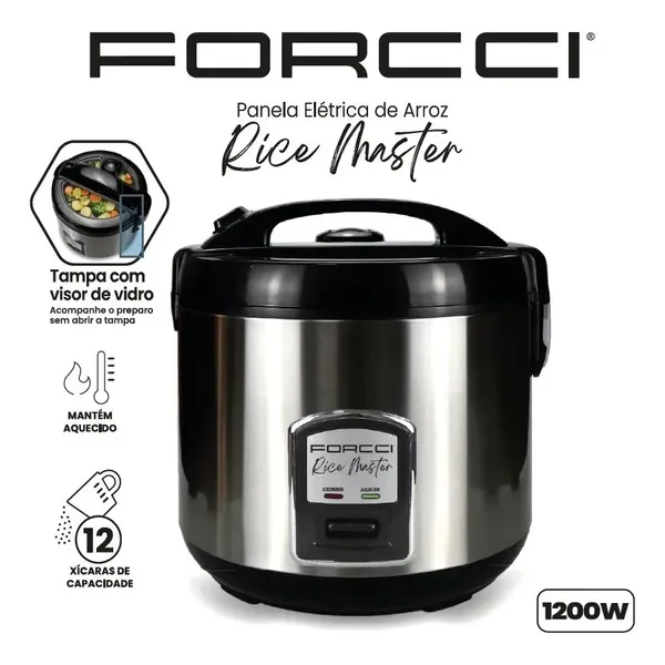 PANELA DE ARROZ E LEGUMES ELÉTRICA 12 XÍCARAS 5L FORCCI INOX MULTIFUNCIONAL COZINHA 1200W