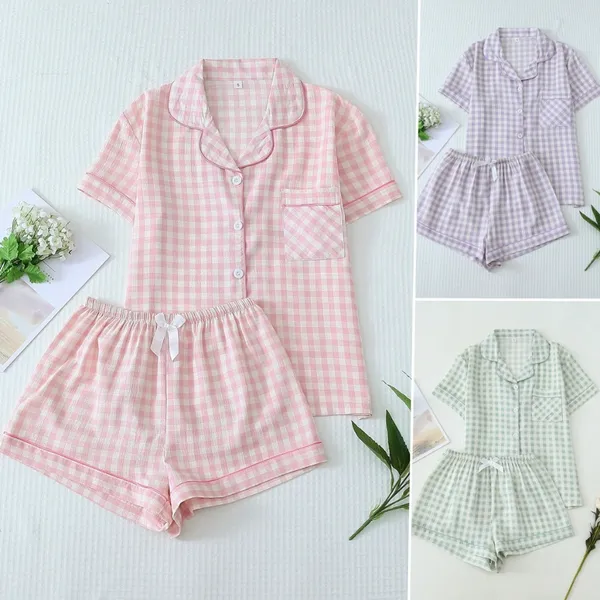 2 Peças Conjunto de Pijama Feminino Estampa Xadrez Top Manga Curta com Botões e Short com Laço