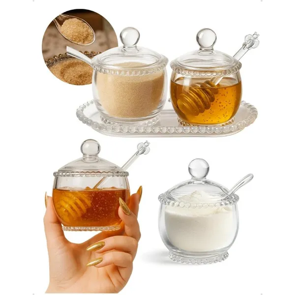 Kit Café da Manhã Meleira, Açucareiro e Bandeja Travessa de Vidro Cristal Pearl Wolff Transparente