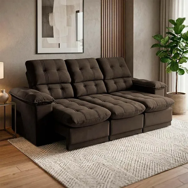 Sofá Retrátil Reclinável Atenas 2,30m Suede Velut Marrom c/ Molas no Assento - King House