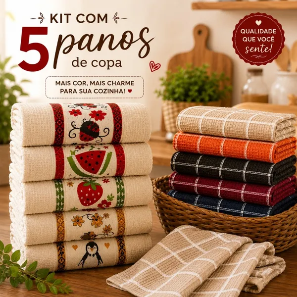 Kit 5 e 3 Panos de Copa Felpudos Jacquard 100% Algodão Alta Absorção 45x60cm