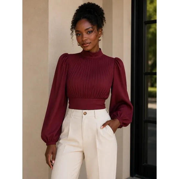 Blusa Gola Alta Feminina Plissada Manga Longa Elegante Moda Casual Tendência Plissada