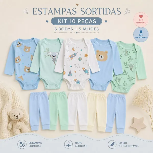 Kit 10 Peças Roupinhas de Bebê Body Longo Liso ou Estampado e Mijão