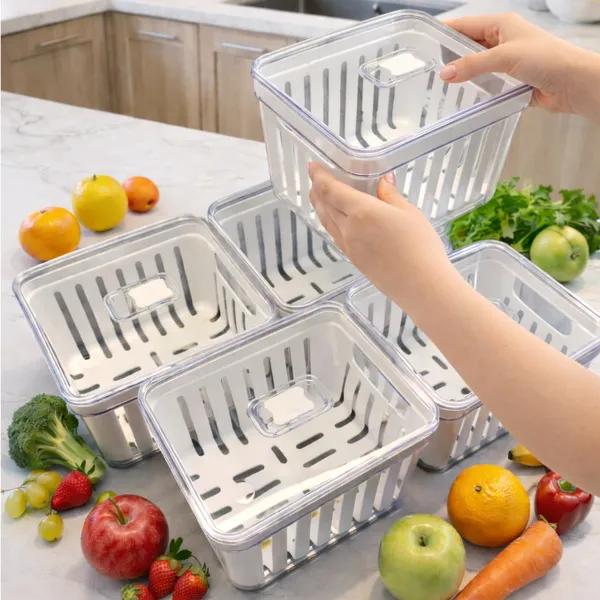 Kit Organizador de Geladeira 3,8 Litros Cesto Com Tampa Multiuso Alimentos Verduras e Vegetais