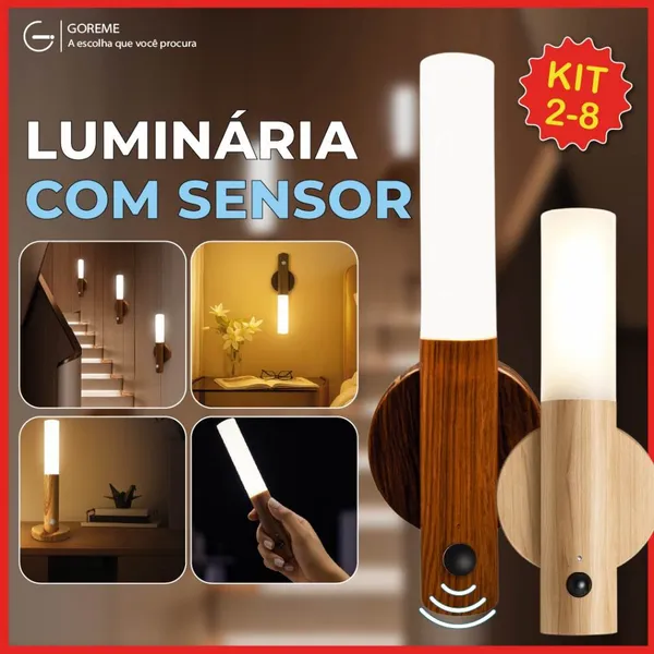 Kit 2-8 Luminária Portátil com Sensor de Movimento Led Moderno Textura Madeira Bastão com Ímã Bivolt
