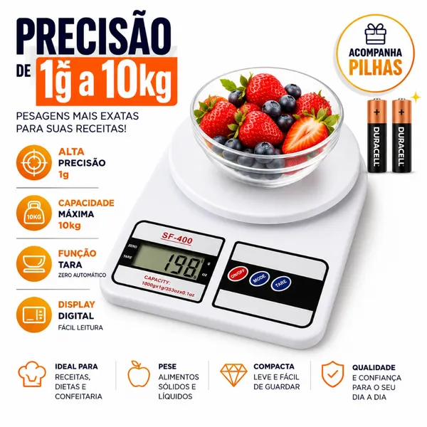 Balança Digital Cozinha 10Kg Precisão – Balança de Alimentos (Pilhas Inclusas)