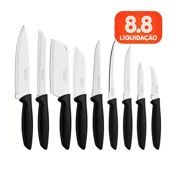 KIT JOGO DE FACAS FAQUEIRO TRAMONTINA PLENUS 9 PEÇAS SORTIDAS CHEF  CARNES PÃO FRUTAS AÇO INOX PRETO