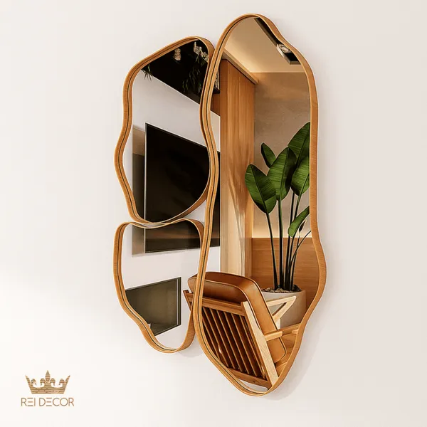 Kit 3 Espelhos Orgânicos Slim Decorativos Cinamomo com Moldura Amadeirada Assimétricos e Suporte