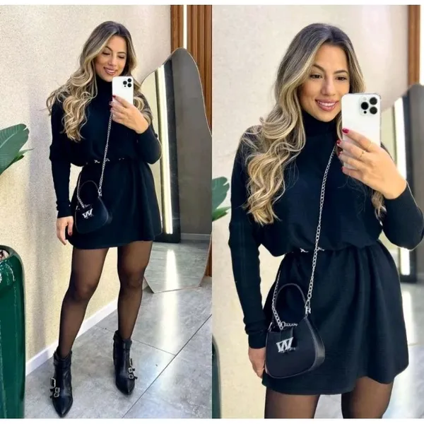 Vestido Poncho em Tecido Lanzinha Midi Feminino Gola Alta com Manga Longa para Inverno