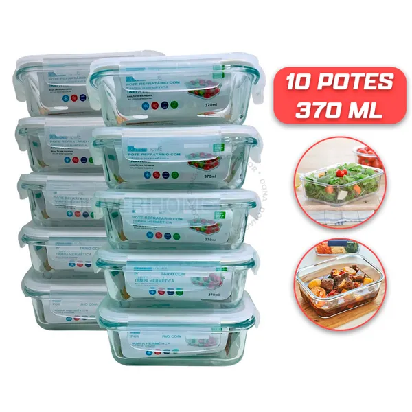 Kit 3 / 5 ou 10 Potes Vidro Hermético mantimentos marmita 370ml - Pote Hermético - Oliver Home