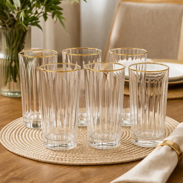 Jogo 6 Copos Altos Com Borda Dourada Em Vidro 370ml Bebidas