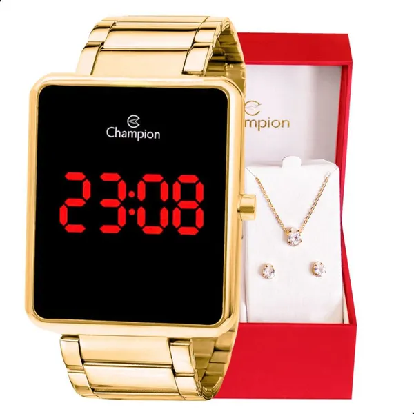 Relógio Digital Feminino Champion Dourado Original + Kit Colar e Brincos CH40086V Relógio Champion Feminino