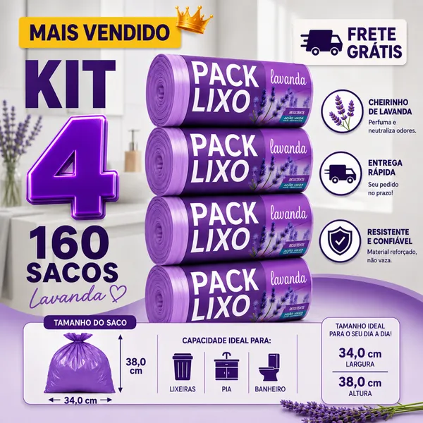 Kit 4 Rolos Saco de Lixo Perfumado Lavanda 10L 160 Sacos Pia Banheiro Resistente Antiodor