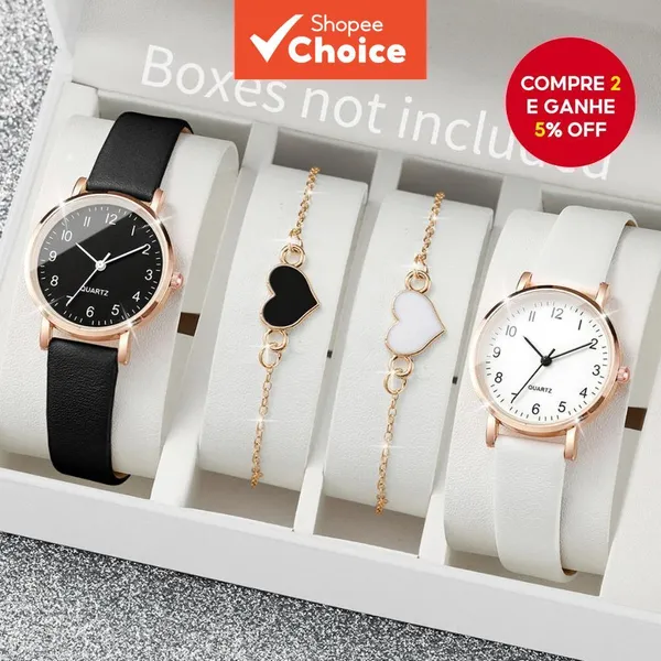 4PCS/Conjuntos Relógio de Quartzo Feminino com Mostrador Árabe e Pulseira de Couro (Sem Caixa)