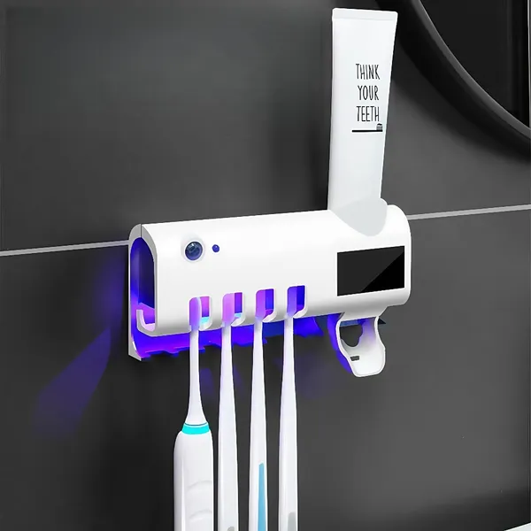 Porta Escova de Dentes UV com Dispenser de Pasta Dental  Suporte Banheiro Sem Furar