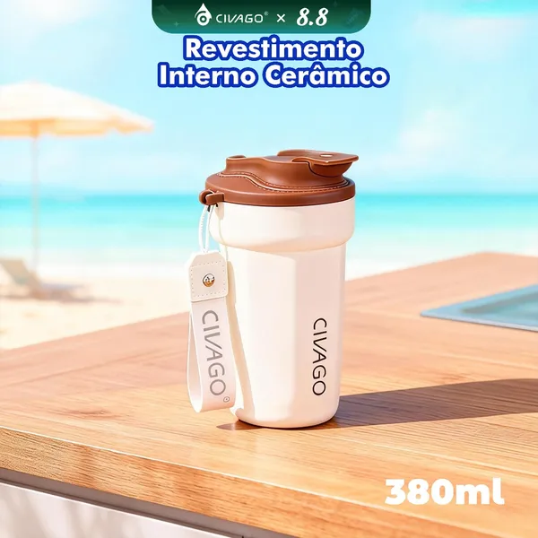 CIVAGO Copo Térmico 380ml inox Portátil com Revestimento Interior Cerâmica Quente/Frio Antivazamento