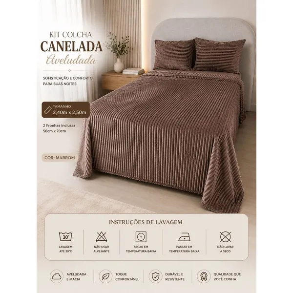 Kit Colcha Canelada Queen 2,40 m x 2,50 m + 2 Fronhas - Alto relevo - Várias Cores