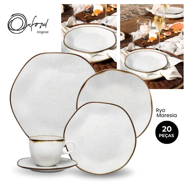 Aparelho de Jantar e Chá Porcelana 20 Peças Ryo Maresia Jogo de Pratos e Xícaras Oxford Original