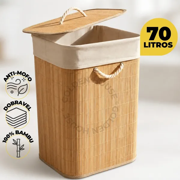 Cesto De Roupa Bambu 70L  Multiuso Com Forro  Dobrável  Retangular GranDe Com  tampa e  Alça