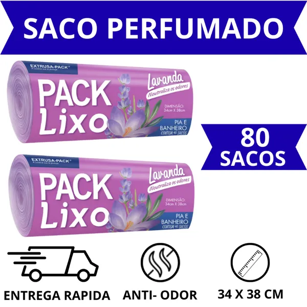 Saco de Lixo Pia e Banheiro Lavanda 38x34cm Kit 1 - 2 Pacotes (80 Sacos) Pack Lixo - Extrusa-Pack