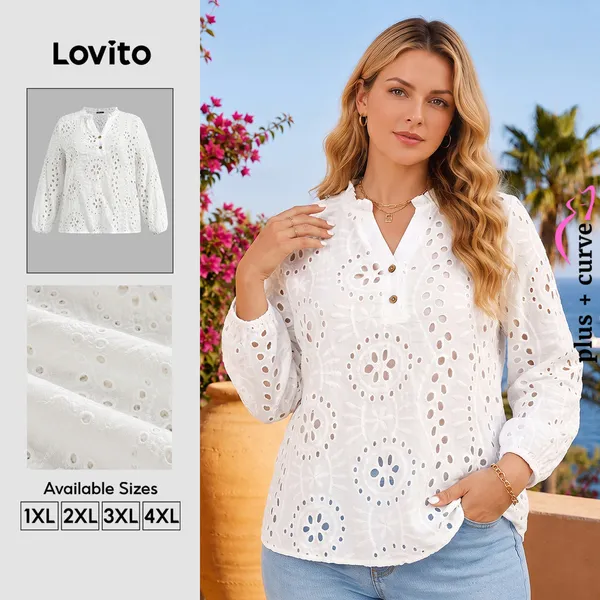 Lovito Férias Blusas Femininas Curve Plus Size Com Botões Bordados E Botões Blusa De Verão/Primavera LBL22272