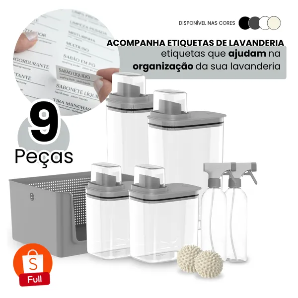 Kit Organizador Lavanderia 9 Peças Dispenser 1,5 + 2,3L 2 Borrifadores Cesto 16L 2 Esfera Seca Roupa