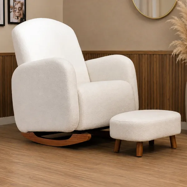 Poltrona de Amamentação Decorativa Curva Balanço Orgânica Boucle Bege ou Cinza com Puff para Sala Moderna Confortável!
