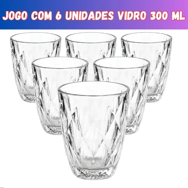 Jogo 6 Copos Baixos  Diamond 300ml Vidro Grosso Diamante Luxo