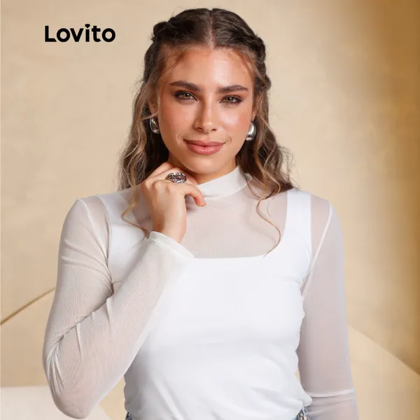 Lovito Blusa Casual Feminina de Tule Manga Longa Moda Mulher BLB16921722