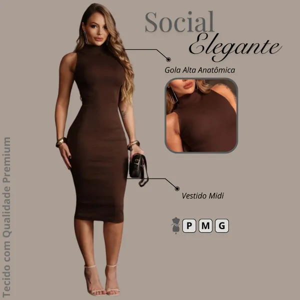 Vestido Feminino Midi gola alta sem manga outono inverno justo colado tubinho frio canelado ribana sexy de festa social