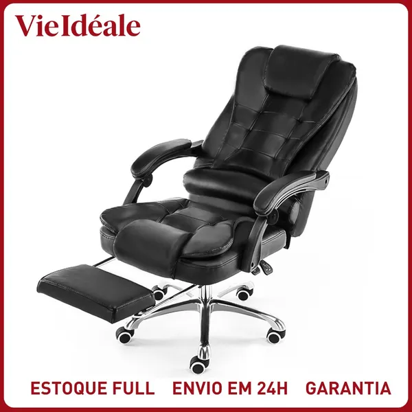 Cadeira de escritório presidente, cadeira de home office com apoio para os pés e encosto ajustável（Preto）