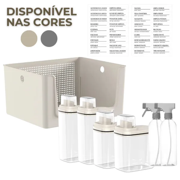 Kit Para Lavanderia 7 Peças Cesto Organizador Dispenser Sabão Borrifador e Etiquetas