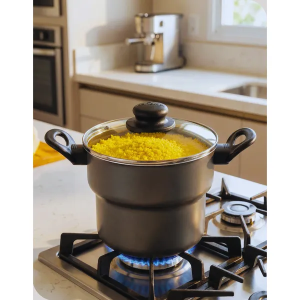 Cuscuzeira 18cm 2,4L Antiaderente Tampa de Vidro Panela para Cuscuz Grande Preta e Cozimento a Vapor