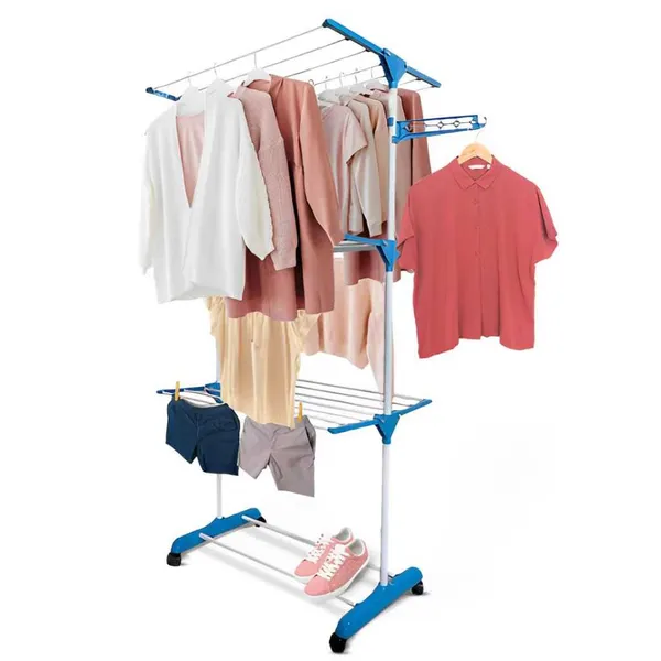 Varal de Chão de Roupas Dobrável Vertical com Abas 3 Níveis Portátil Grande 4 Rodas