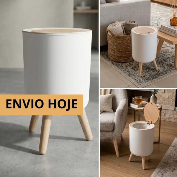 Lixeira Retrô 8L Tampa Click Banheiro Cozinha Escritório Resistente Pé Madeira Moderna