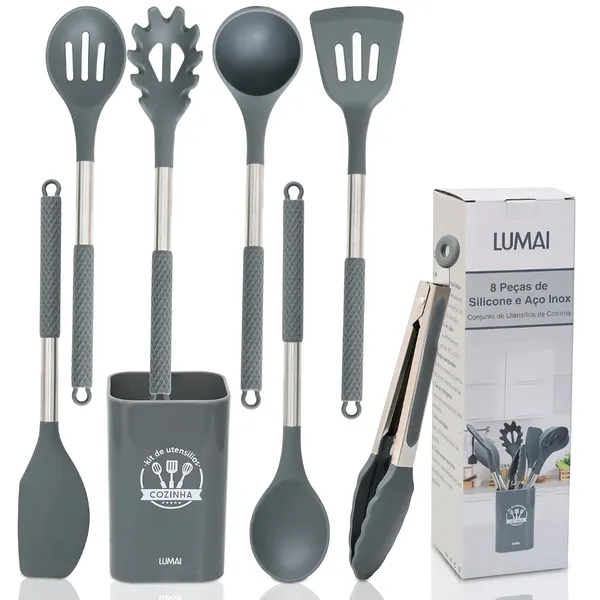Lumai Kit Utensílios de Cozinha Berlim de Silicone Aço Inox Grande Colheres Espátulas Concha Pegador