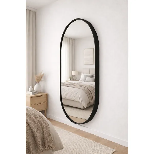 Espelho Oval 100cm x 35cm com Moldura em Couro Suporte para Quarto e Sala Design Retrô Luxo Salão Hall Decorativo